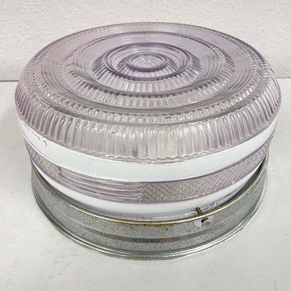 VTG MCM Flush Mount Glass 10” Ceiling Light Cover Deco Globe White Stripes -HLBN - Picture 1 of 8